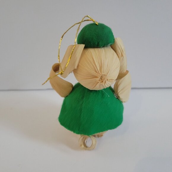 Handcrafted Corn Husk Mouse Ornament In Green Dress Holding Lollipop - Picture 4 of 6